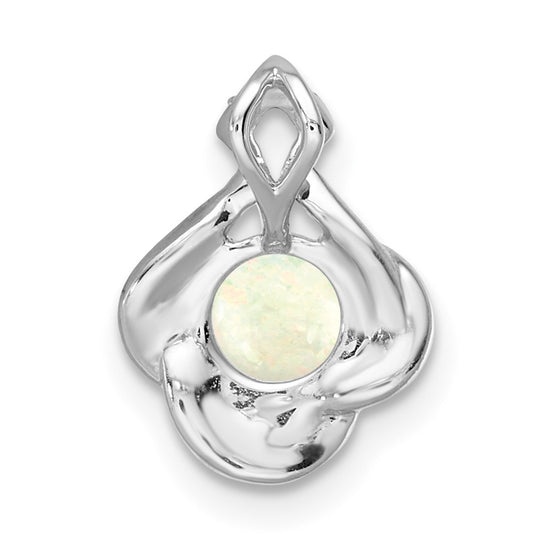 14k White Gold Polished Oval Opal and Diamond Vintage Chain Slide