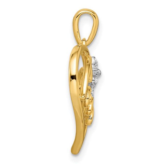 14k Two-tone LOVE Script Heart with Diamond Bow Pendant