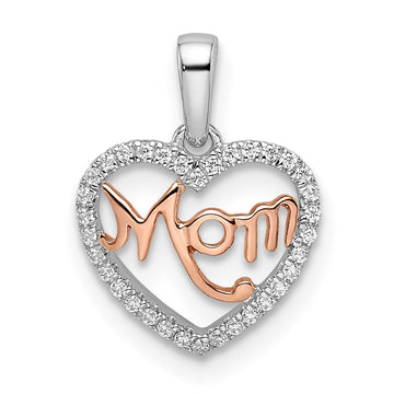 14k Two-tone White and Rose Diamond MOM Script Heart Pendant