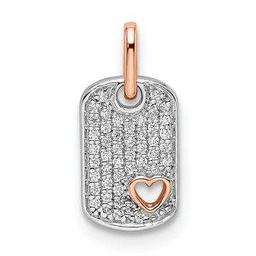 14k Two-tone White and Rose Small Dog Tag with Heart Diamond Pendant