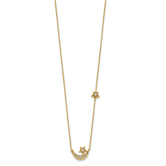 14k Polished 1/5 carat Diamond Moon and Stars 18 inch Necklace