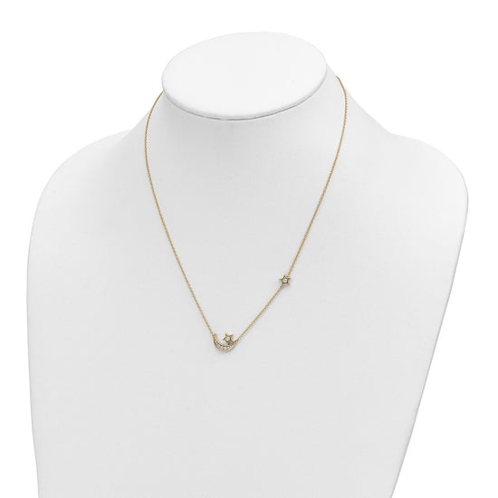 14k Polished 1/5 carat Diamond Moon and Stars 18 inch Necklace