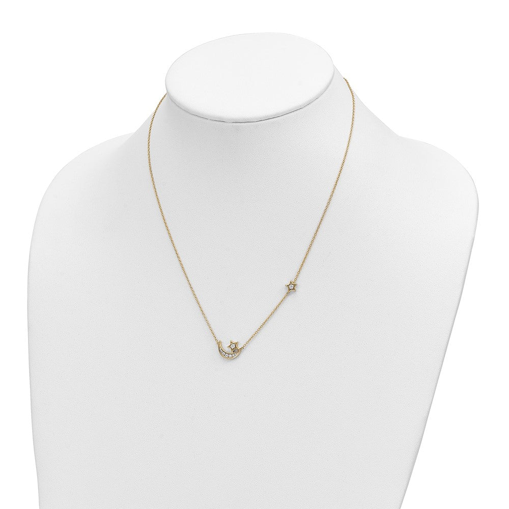 14k Polished 1/5 carat Diamond Moon and Stars 18 inch Necklace