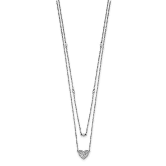 14k White Gold 1/5 carat Pave Diamond Double Strand Heart 18 inch Necklace
