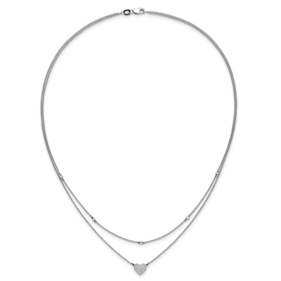 14k White Gold 1/5 carat Pave Diamond Double Strand Heart 18 inch Necklace