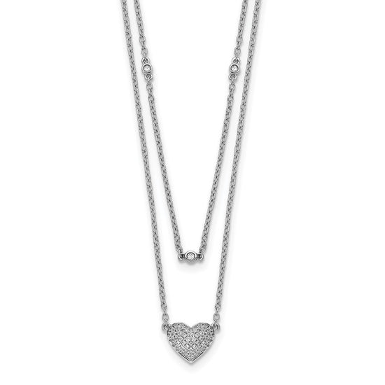 14k White Gold 1/5 carat Pave Diamond Double Strand Heart 18 inch Necklace