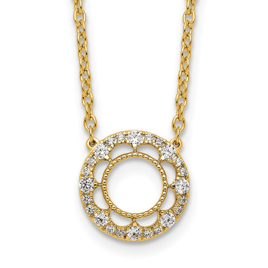 14k Polished 1/4 carat Diamond Fancy Floral Circle 18 inch Necklace
