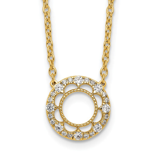 14k Polished 1/4 carat Diamond Fancy Floral Circle 18 inch Necklace