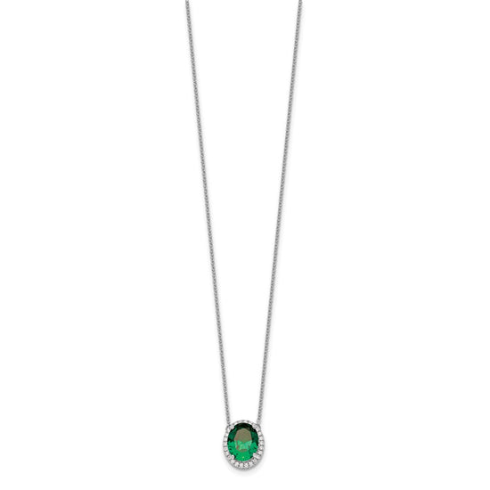 14k White Gold 10x8mm Oval Lab Created Emerald and Diamond Halo 18 inch Necklace