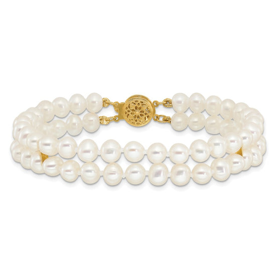 14k 5-6mm White Near-Round Freshwater Cultured Pearl 2-Strand 7.5 inch Bracelet