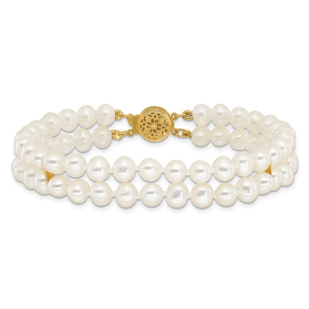 14k 5-6mm White Near-Round Freshwater Cultured Pearl 2-Strand 7.5 inch Bracelet