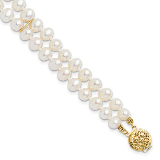 14k 5-6mm White Near-Round Freshwater Cultured Pearl 2-Strand 7.5 inch Bracelet