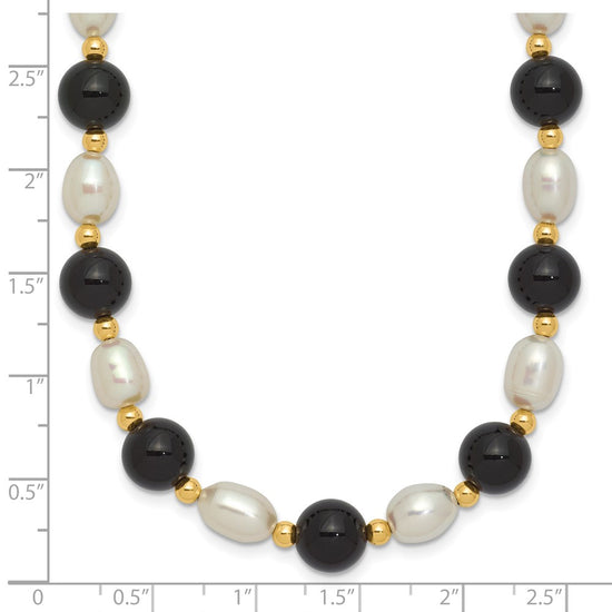 14k 6-7mm White Rice Freshwater Cultured Pearl and Onyx Beads 17 inch Necklace
