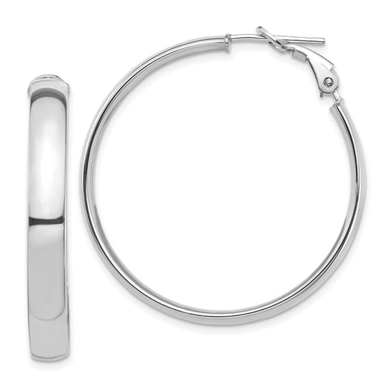 14k White Gold 5x36mm High Polished Flat Tube Omega Back Hoop Earrings