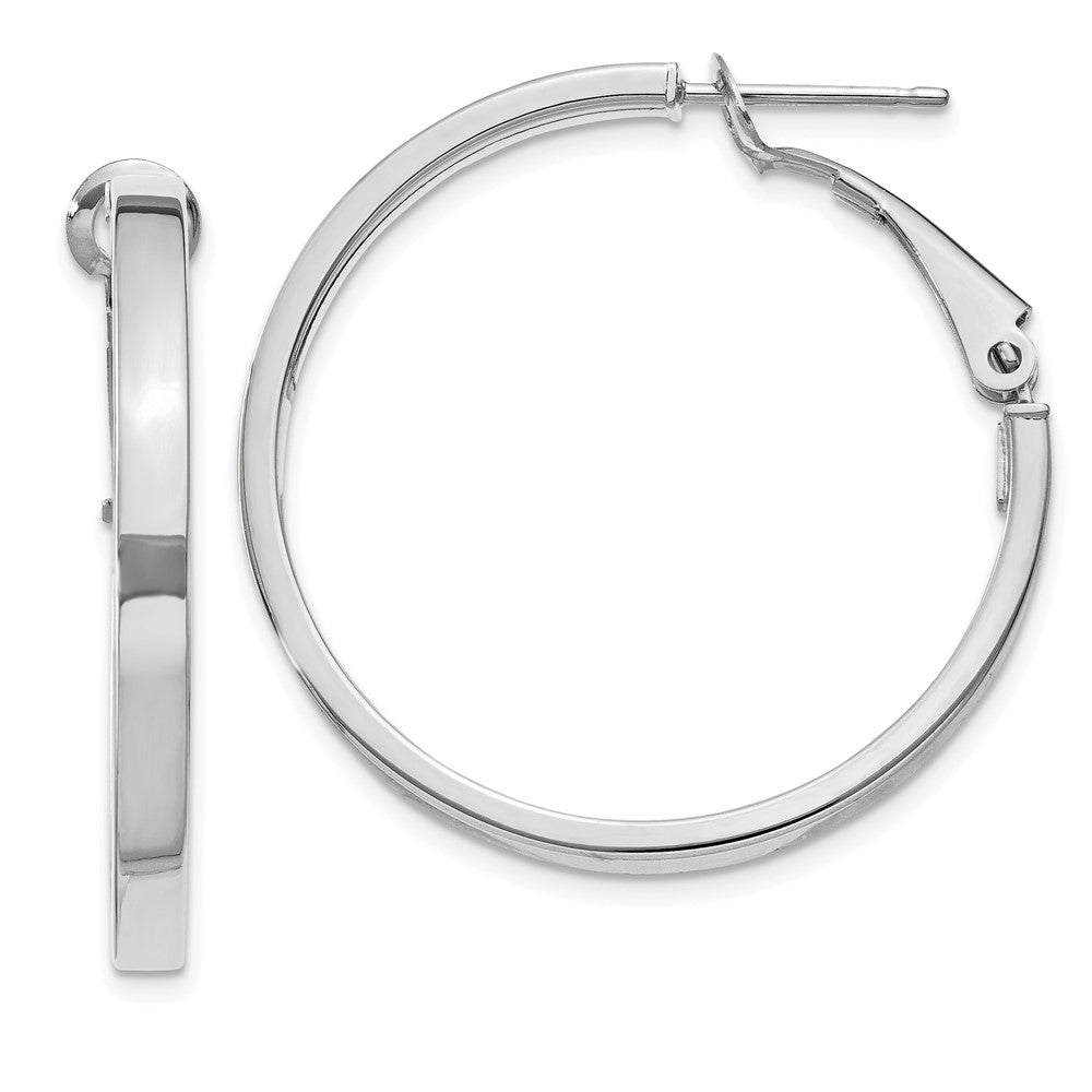 14k White Gold 3x30mm Polished Square Tube Omega Back Round Hoop Earrings
