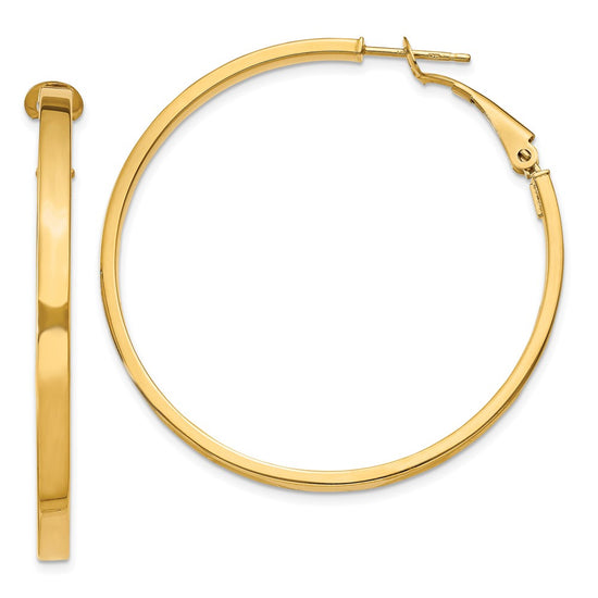 14k 3x45mm Polished Square Tube Omega Back Round Hoop Earrings