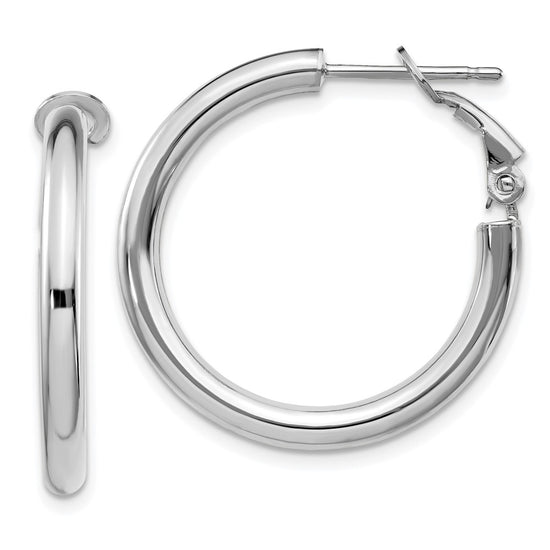 14k White Gold 3x25mm Polished Round Omega Back Tube Hoop Earrings
