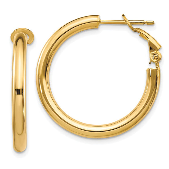 14k 3x25mm Polished Round Omega Back Tube Hoop Earrings