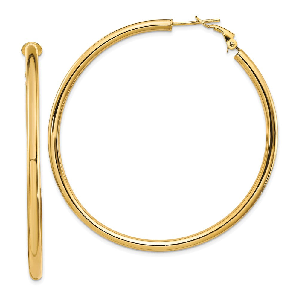 14k 3x57mm Polished Round Omega Back Tube Hoop Earrings