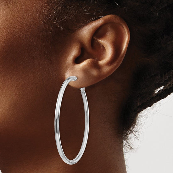 14k White Gold 3x57mm Polished Round Omega Back Tube Hoop Earrings
