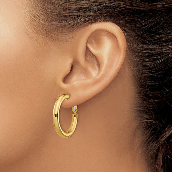 Gold Round Tube Omega Back Hoop Earrings