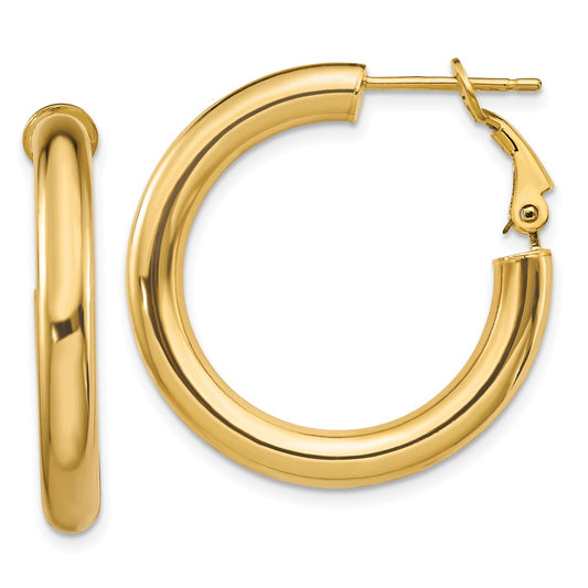 Gold Round Tube Omega Back Hoop Earrings