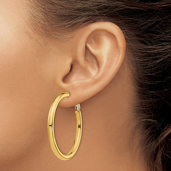 Gold Round Tube Omega Back Hoop Earrings