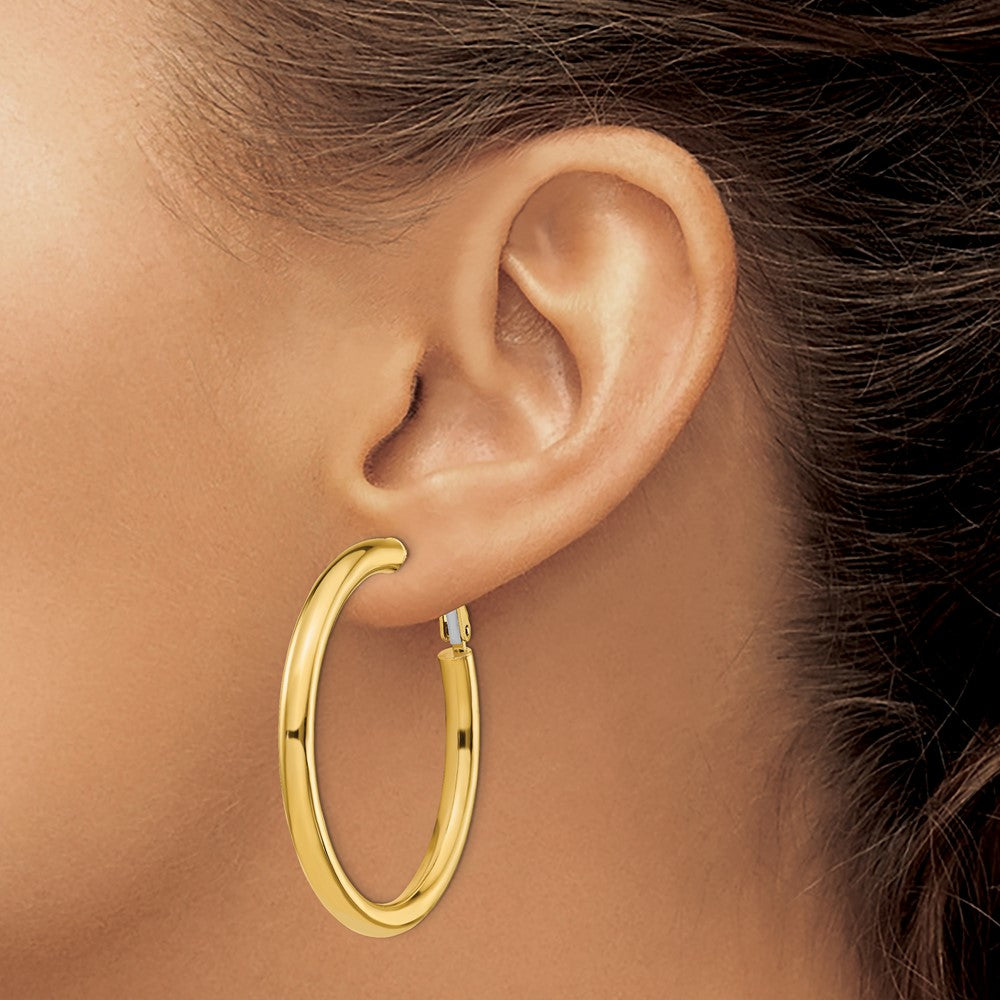 Gold Round Tube Omega Back Hoop Earrings