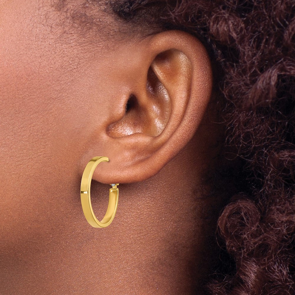 14k 3x25mm Polished Square Tube Omega Back Round Hoop Earrings