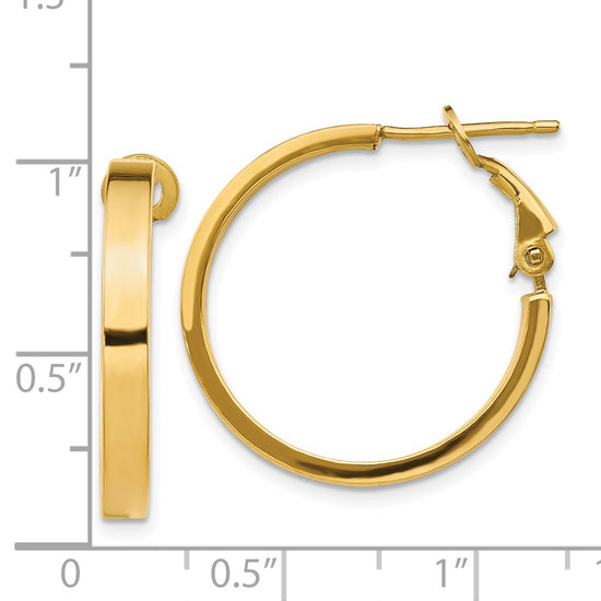 14k 3x25mm Polished Square Tube Omega Back Round Hoop Earrings