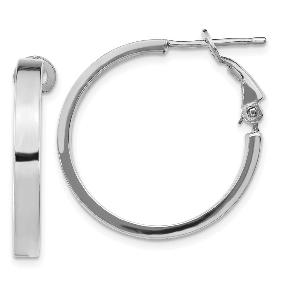 14k White Gold 3x25mm Polished Square Tube Omega Back Round Hoop Earrings