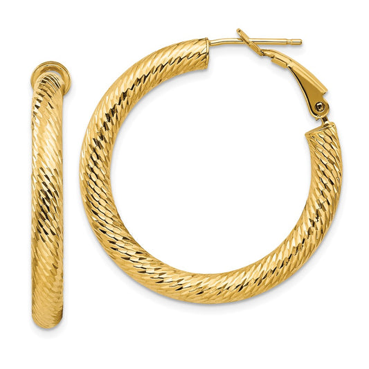 14k 4x34mm Diamond-cut Round Omega Back Tube Hoop Earrings