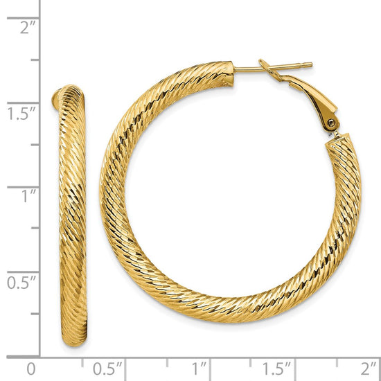 14k 4x40mm Diamond-cut Round Omega Back Tube Hoop Earrings