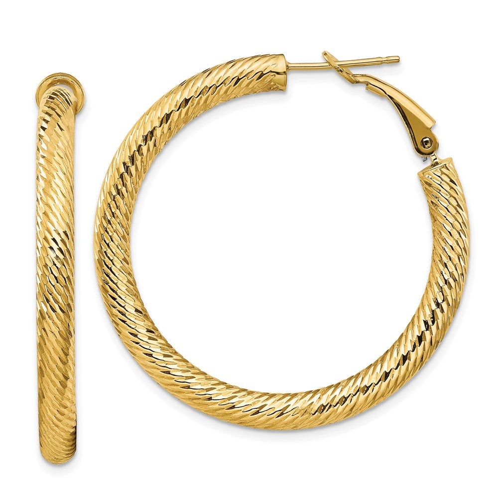 14k 4x40mm Diamond-cut Round Omega Back Tube Hoop Earrings