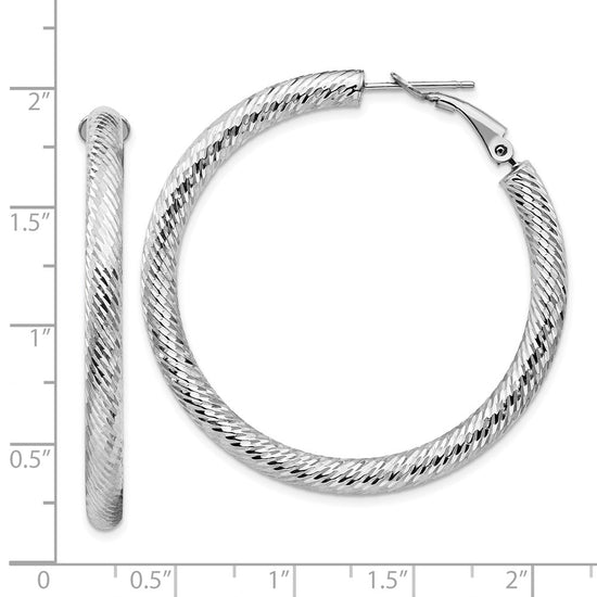 14k White Gold 4x45mm Diamond-cut Round Omega Back Tube Hoop Earrings