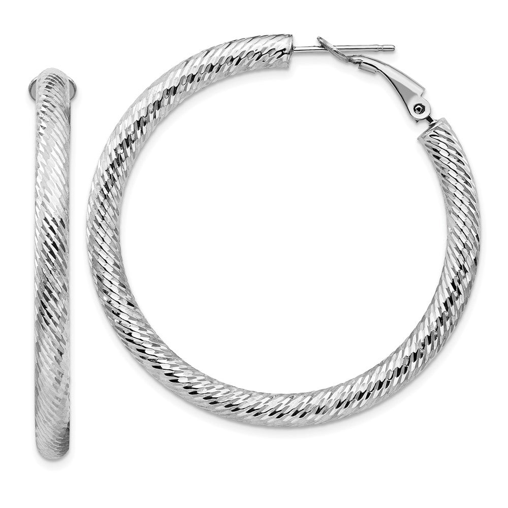 14k White Gold 4x45mm Diamond-cut Round Omega Back Tube Hoop Earrings