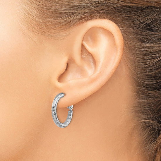14k White Gold 3x21mm Diamond-cut Round Omega Back Tube Hoop Earrings