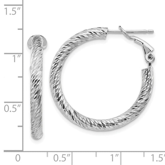 14k White Gold 3x27mm Diamond-cut Round Omega Back Tube Hoop Earrings