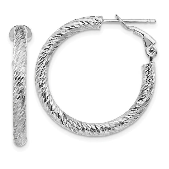 14k White Gold 3x27mm Diamond-cut Round Omega Back Tube Hoop Earrings