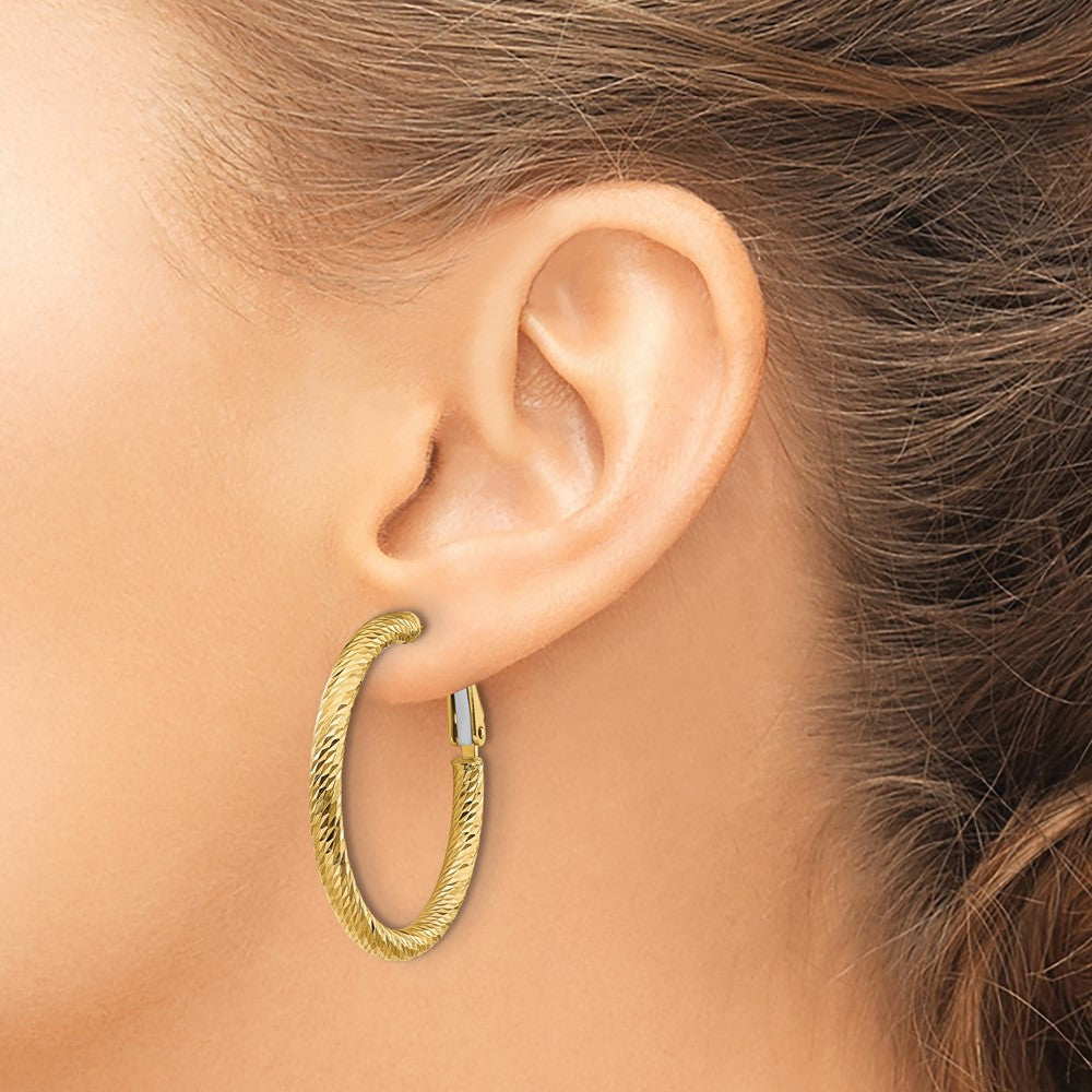 Gold Twisted Diamond-cut Omega Back Hoop Earrings