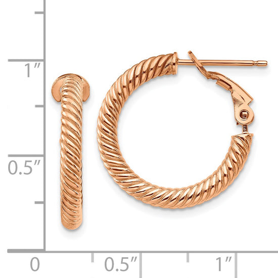 14k 3x15mm Rose Gold Twisted Round Hoop Earrings