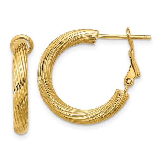 14k 3x21mm Twisted Round Omega Back Tube Hoop Earrings