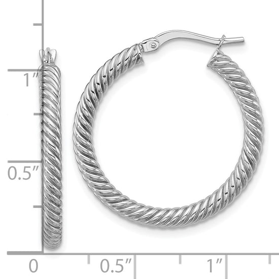 14k White Gold 3x26mm Twisted Round Tube Hoop Earrings
