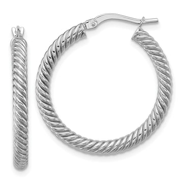 14k White Gold 3x26mm Twisted Round Tube Hoop Earrings