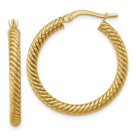 14k 3x26mm Twisted Round Tube Hoop Earrings