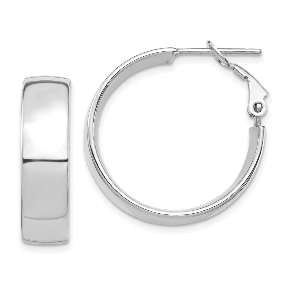 14k White Gold 7x25mm High Polished Flat Tube Omega Back Hoop Earrings