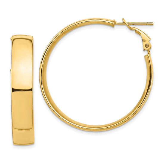 14k 7x35mm High Polished Flat Tube Omega Back Hoop Earrings
