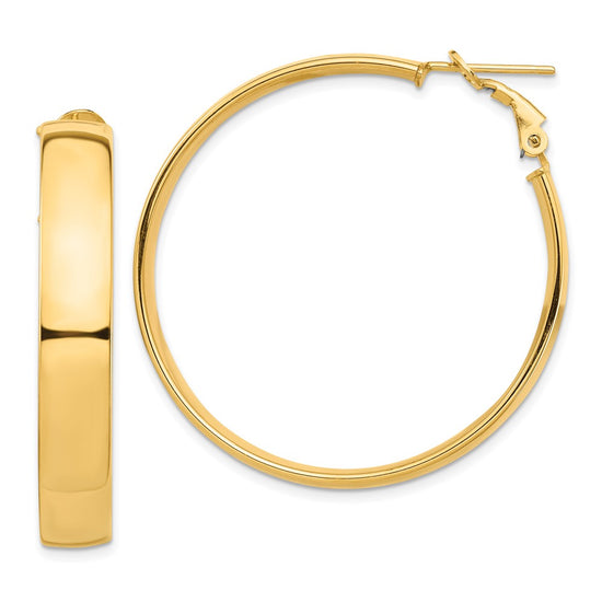 14k 7x42mm High Polished Flat Tube Omega Back Hoop Earrings