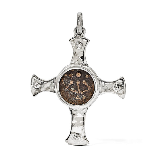 Ancient Coins Sterling Silver and Bronze Antiqued Widow's Mite Coin Cross Pendant with a Certificate of Authenticity