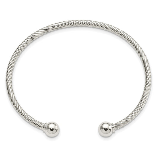 Sterling Silver Rhodium-plated Polished Twisted with One Threaded Ball Cuff Bangle